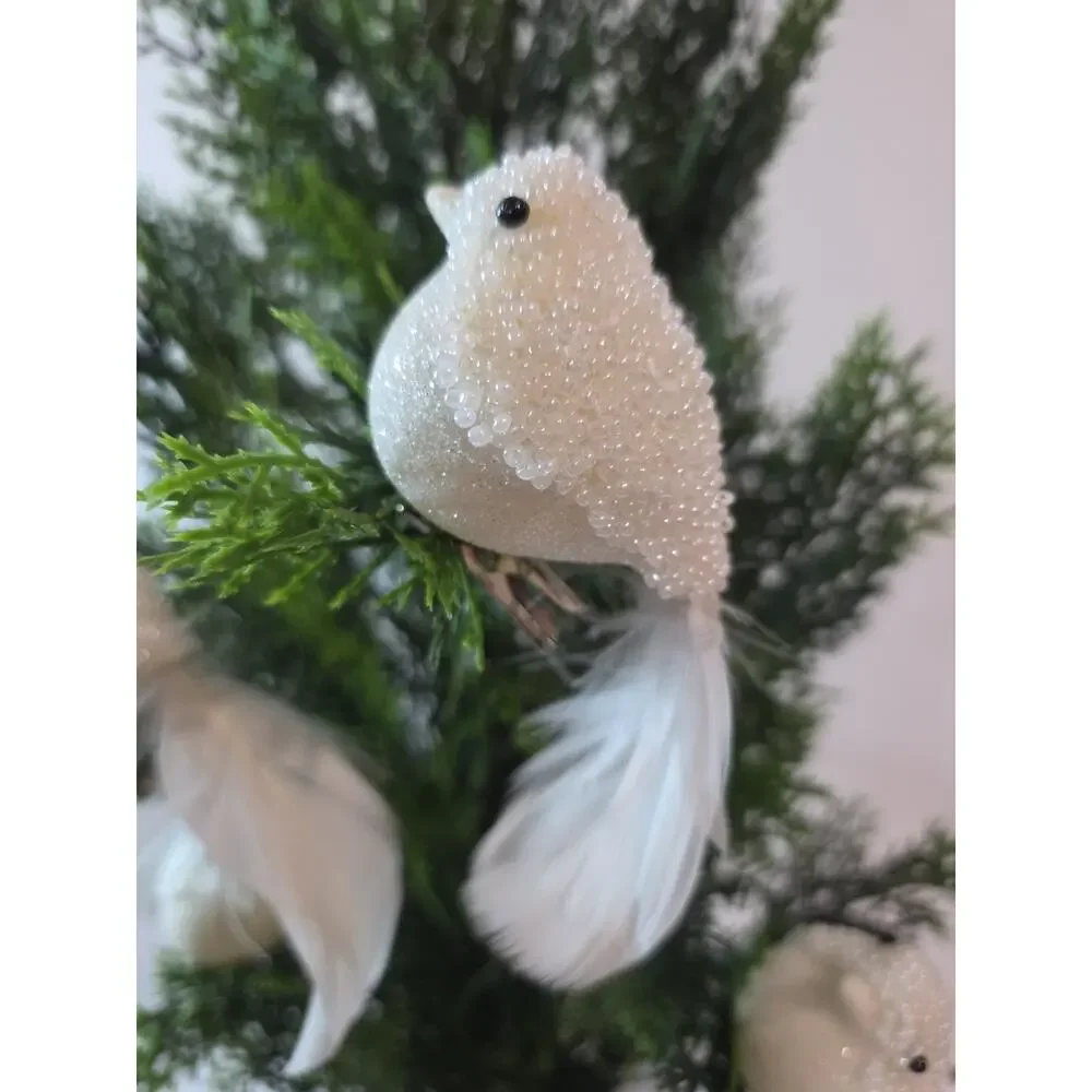 4 Vintage White Clip On Birds Christmas Ornament